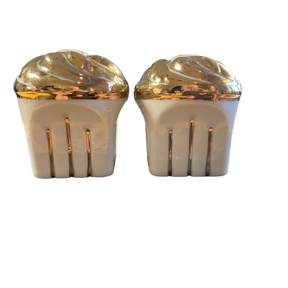 Vtg.Cupcake Dsgn Salt & Pepper Shakers.Gold/White W/Stoppers,2.5” T, Base 1.5” W